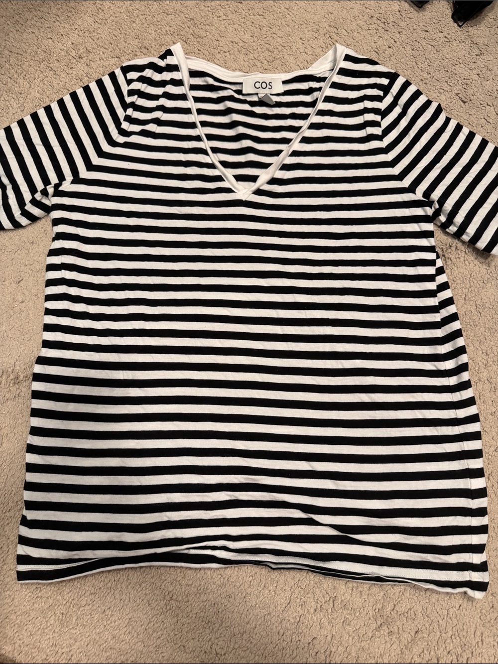 COS Striped V-Neck Short Sleeve Top in Black and White